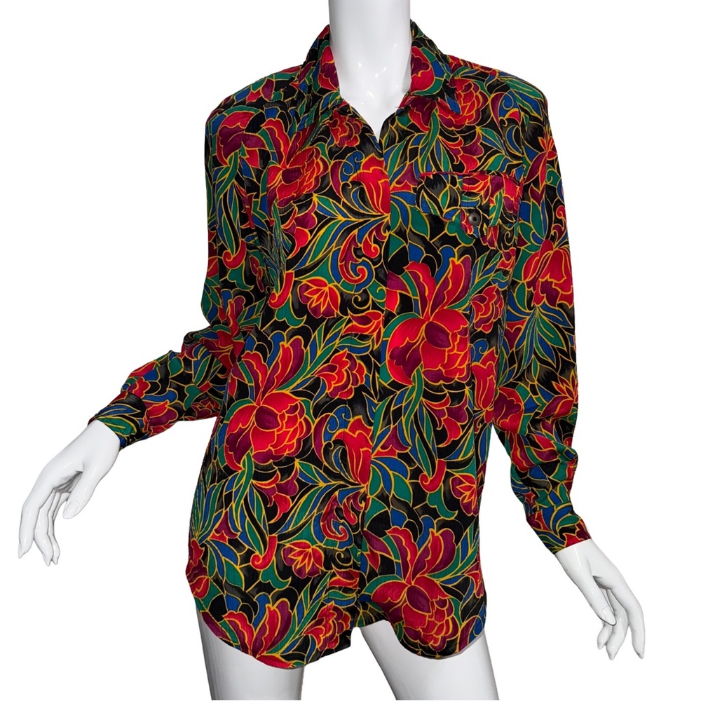 Vintage 90s Partners Mervyns Floral Maximalist Long Sleeve‎ Blouse Dopamine